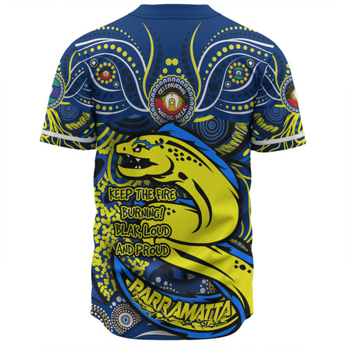 Parramatta Eels Baseball Shirt Celebrating Naidoc Week 2024 Aboriginal Dot Art Inspired Parramatta Eels Baseball Shirt Celebrating Naidoc Week 2024 Aboriginal Dot Art Inspired