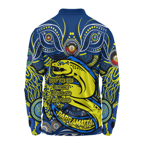 Parramatta Eels Long Sleeve Polo Shirt Celebrating Naidoc Week 2024 Aboriginal Dot Art Inspired Parramatta Eels Long Sleeve Polo Shirt Celebrating Naidoc Week 2024 Aboriginal Dot Art Inspired