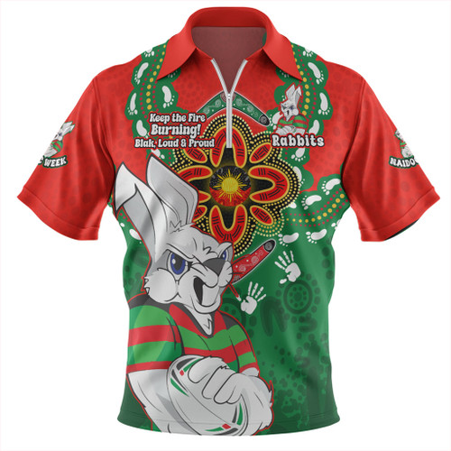 South Sydney Rabbitohs Zip Polo Shirt Aboriginal Inspired Naidoc Symbol Pattern