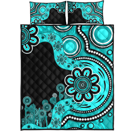 Australia Quilt Bed Set Aboriginal Indigenous Dot Painting Turquoise