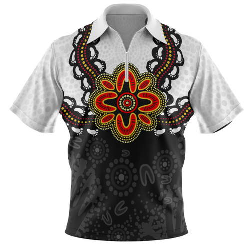 Australia Zip Polo Shirt Aboriginal Inspired Symbol Pattern White