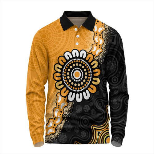 Australia Long Sleeve Polo Shirt Aboriginal Indigenous Dot Painting Half People Setting Symbols