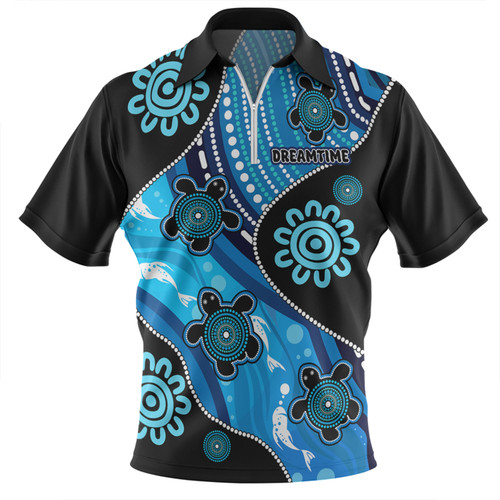 Australia Zip Polo Shirt Aboriginal Inspired Dreamtime River And Turtles Dot Art Painting