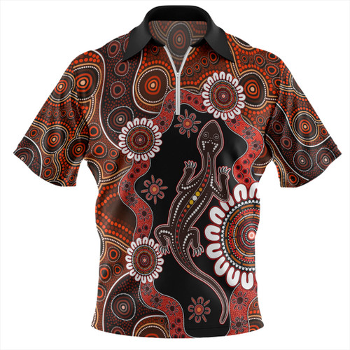 Australia Zip Polo Shirt Aboriginal Inspired Lizard Dot Painting