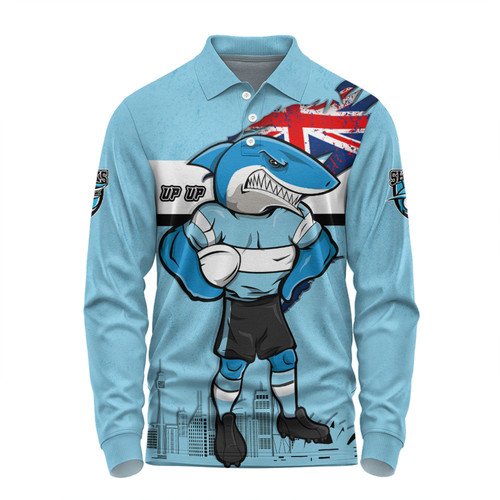 Cronulla-Sutherland Sharks Long Sleeve Polo Shirt Custom For Die Hard Fan Australia Flag Scratch Style