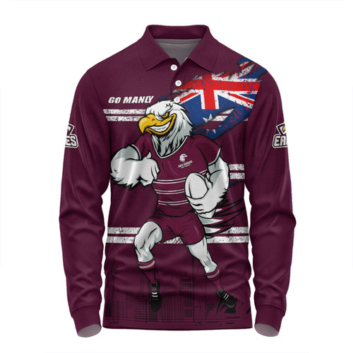 Manly Warringah Sea Eagles Long Sleeve Polo Shirt Custom For Die Hard Fan Australia Flag Scratch Style