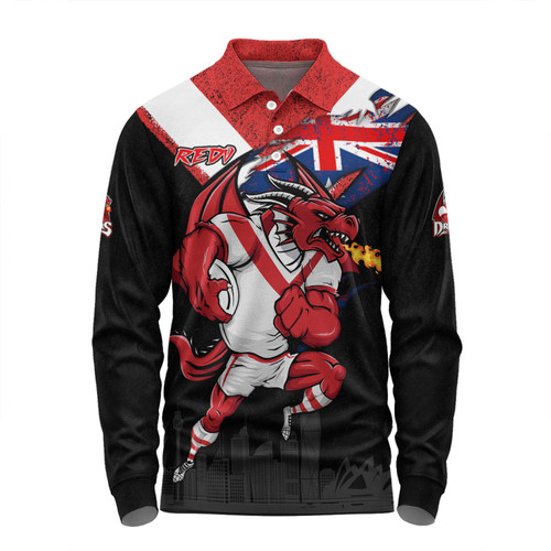 St. George Illawarra Dragons Long Sleeve Polo Shirt Custom For Die Hard Fan Australia Flag Scratch Style