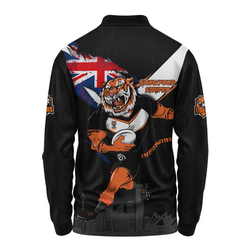 Wests Tigers Long Sleeve Polo Shirt Custom For Die Hard Fan Australia Flag Scratch Style