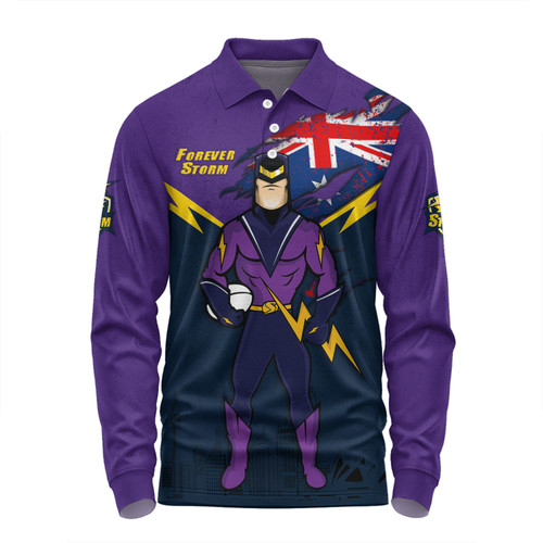 Melbourne Storm Long Sleeve Polo Shirt Custom For Die Hard Fan Australia Flag Scratch Style