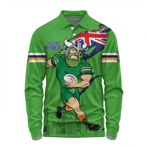 Canberra Raiders Long Sleeve Polo Shirt Custom For Die Hard Fan Australia Flag Scratch Style