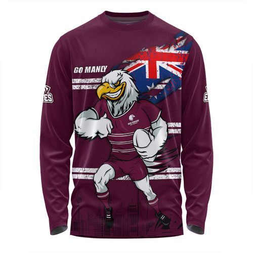Manly Warringah Sea Eagles Long Sleeve T-shirt Custom For Die Hard Fan Australia Flag Scratch Style
