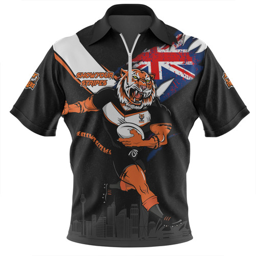 Wests Tigers Zip Polo Shirt Custom For Die Hard Fan Australia Flag Scratch Style