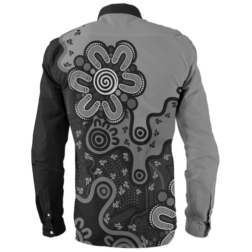 Australia Long Sleeve Shirt Aboriginal Style Of Background Blue (Grey,Orange) Australia Long Sleeve Shirt Aboriginal Style Of Background Blue (Grey,Orange)