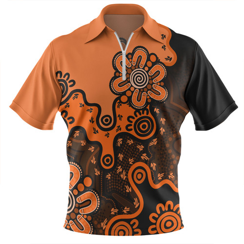 Australia Zip Polo Shirt Aboriginal Style Of Background Orange Australia Zip Polo Shirt Aboriginal Style Of Background Orange