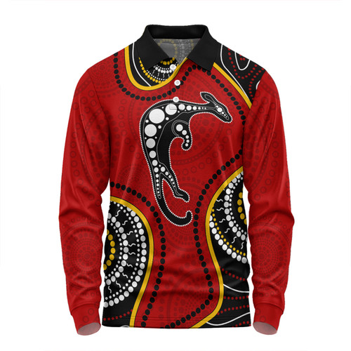 Australia Long Sleeve Polo Shirt Aboriginal Art With Kangaroo Australia Long Sleeve Polo Shirt Aboriginal Art With Kangaroo