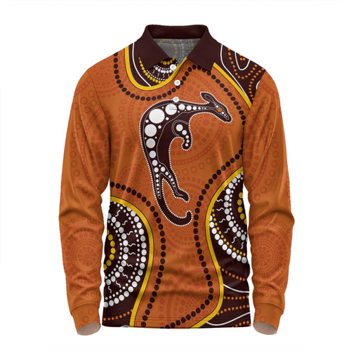 Australia Long Sleeve Polo Shirt Aboriginal Art With Kangaroo
