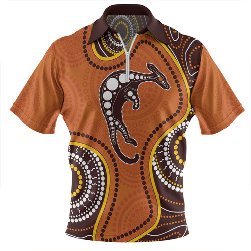 Australia Zip Polo Shirt Aboriginal Art With Kangaroo