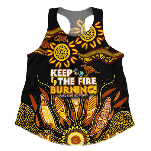 Australia Women Racerback Singlet Naidoc Week 2024 Indigenous Keep The Fire Burning Aboriginal Gum Leaf Painting Yellow