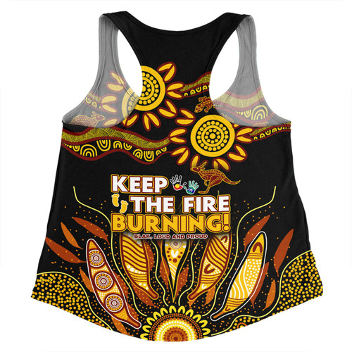 Australia Women Racerback Singlet Naidoc Week 2024 Indigenous Keep The Fire Burning Aboriginal Gum Leaf Painting Yellow