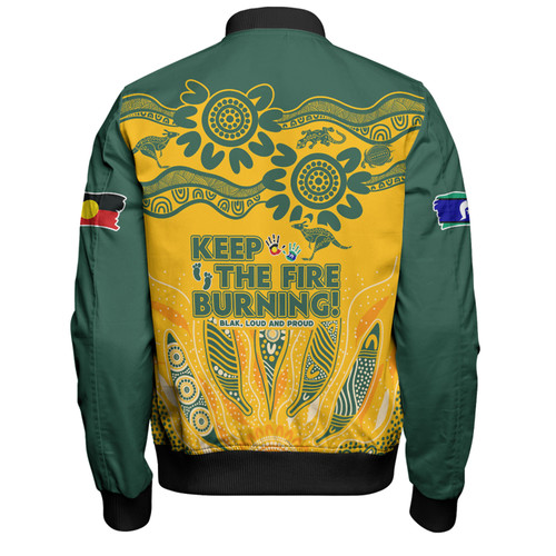Australia Bomber Jacket Naidoc Week 2024 Indigenous Keep The Fire Burning Aboriginal Gum Leaf Painting Green