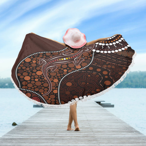 Australia Beach Blanket Aboriginal Inspired Lizard With Dot Painting Pattern