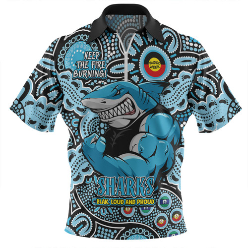 Cronulla-Sutherland Sharks Zip Polo Shirt Custom Naidoc Week 2024 Aboriginal Pattern And Torres Strait Islander Inspired