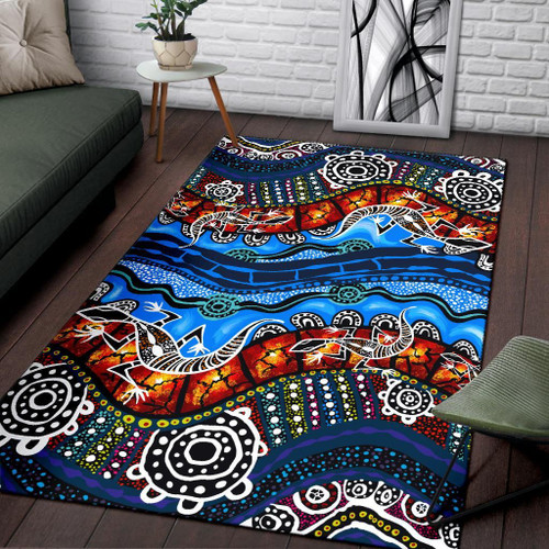 Australia Area Rug - Aboriginal Lizard Dot Painting Blue Wave Australia Area Rug - Aboriginal Lizard Dot Painting Blue Wave