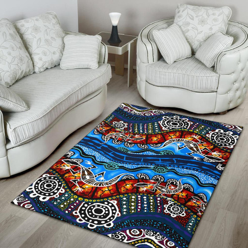 Australia Area Rug - Aboriginal Lizard Dot Painting Blue Wave Australia Area Rug - Aboriginal Lizard Dot Painting Blue Wave