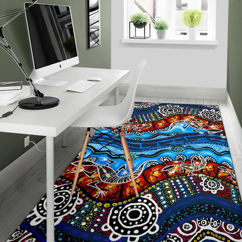 Australia Area Rug - Aboriginal Lizard Dot Painting Blue Wave Australia Area Rug - Aboriginal Lizard Dot Painting Blue Wave