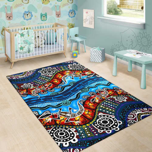 Australia Area Rug - Aboriginal Lizard Dot Painting Blue Wave