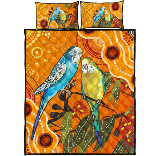 Australia Quilt Bed Set Aboriginal Dot Painting Bush Budgies And Gumtree