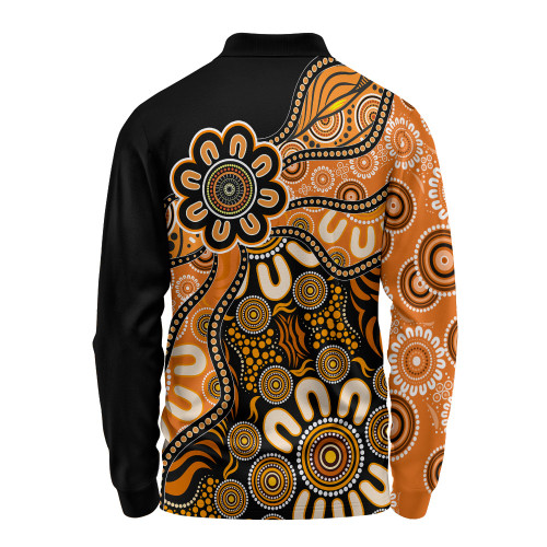 Australia Long Sleeve Polo Shirt Aboriginal Dot Painting Background