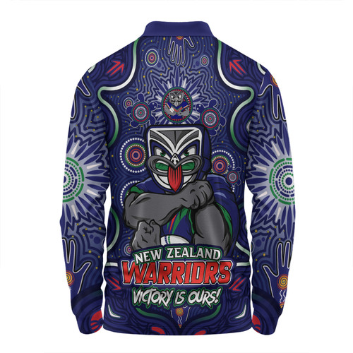 New Zealand Warriors Long Sleeve Polo Shirt Aboriginal Pattern Inspired Victory Is Ours