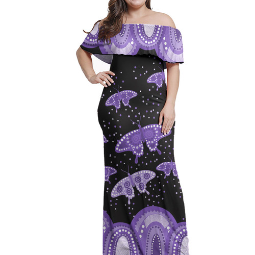 Australia Off Shoulder Long Dress Aboriginal Butterflies Art Inspired Australia Off Shoulder Long Dress Aboriginal Butterflies Art Inspired