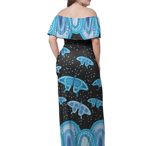 Australia Off Shoulder Long Dress Aboriginal Butterflies Art Inspired Australia Off Shoulder Long Dress Aboriginal Butterflies Art Inspired