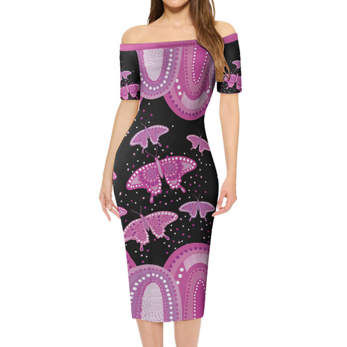 Australia Short Sleeve Off Shoulder Lady Dress Aboriginal Butterflies Art Inspired Australia Short Sleeve Off Shoulder Lady Dress Aboriginal Butterflies Art Inspired