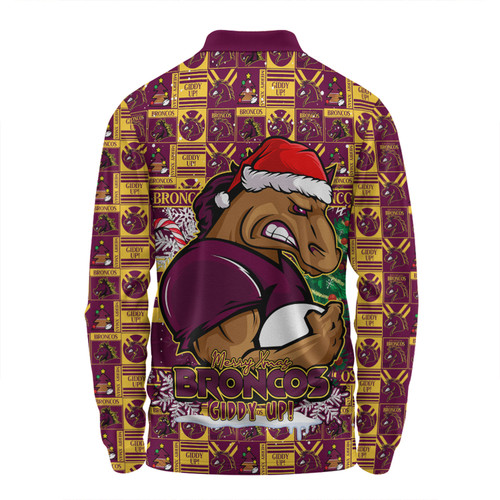 Brisbane Broncos Long Sleeve Polo Shirt Merry Ugly Christmas Comic Style