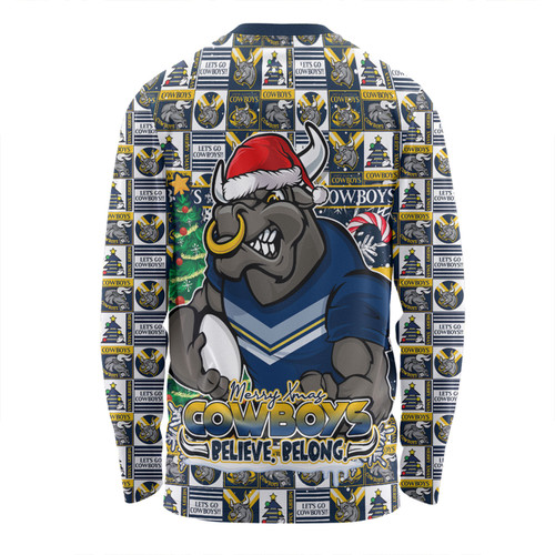 North Queensland Cowboys Long Sleeve T-shirt Merry Ugly Christmas Comic Style North Queensland Cowboys Long Sleeve T-shirt Merry Ugly Christmas Comic Style
