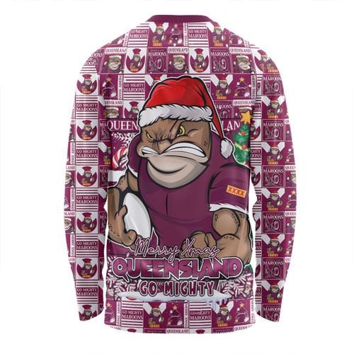 Queensland Maroons Long Sleeve T-shirt Merry Ugly Christmas Comic Style Queensland Maroons Long Sleeve T-shirt Merry Ugly Christmas Comic Style