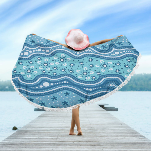 Australia Beach Blanket Traditional Aboriginal Dot Patterns Blue Background Australia Beach Blanket Traditional Aboriginal Dot Patterns Blue Background