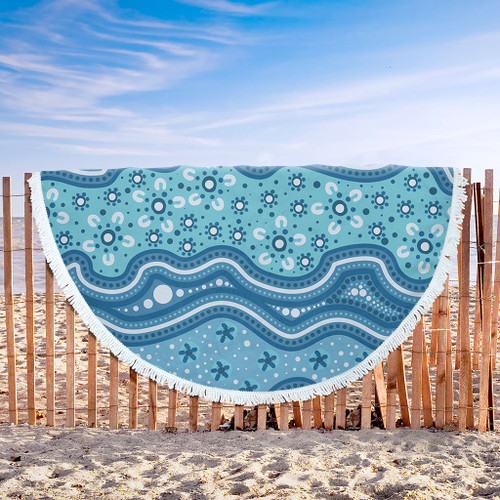 Australia Beach Blanket Traditional Aboriginal Dot Patterns Blue Background Australia Beach Blanket Traditional Aboriginal Dot Patterns Blue Background