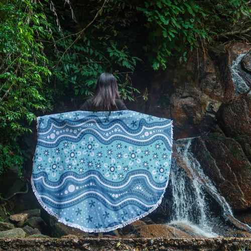 Australia Beach Blanket Traditional Aboriginal Dot Patterns Blue Background Australia Beach Blanket Traditional Aboriginal Dot Patterns Blue Background
