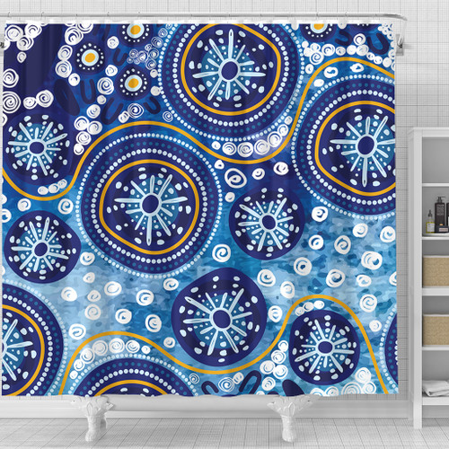Australia Shower Curtain Blue Background With Traditional Aboriginal Dot Decoration Australia Shower Curtain Blue Background With Traditional Aboriginal Dot Decoration
