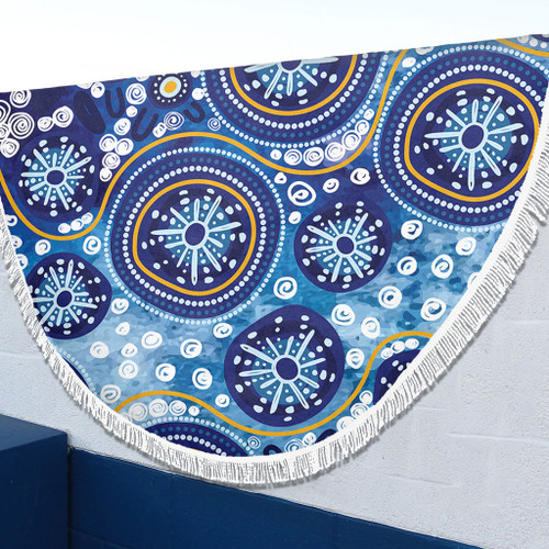 Australia Beach Blanket Blue Background With Traditional Aboriginal Dot Decoration Australia Beach Blanket Blue Background With Traditional Aboriginal Dot Decoration