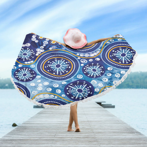 Australia Beach Blanket Blue Background With Traditional Aboriginal Dot Decoration Australia Beach Blanket Blue Background With Traditional Aboriginal Dot Decoration