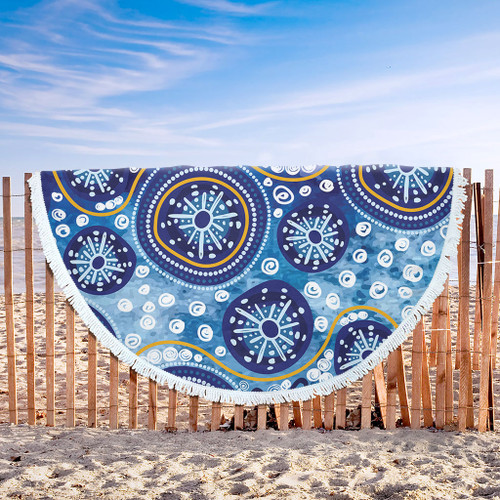 Australia Beach Blanket Blue Background With Traditional Aboriginal Dot Decoration Australia Beach Blanket Blue Background With Traditional Aboriginal Dot Decoration