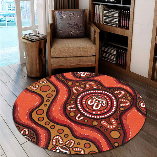 Australia Round Rug Painting Illustration With Dot Art In Aboriginal Brown Style
