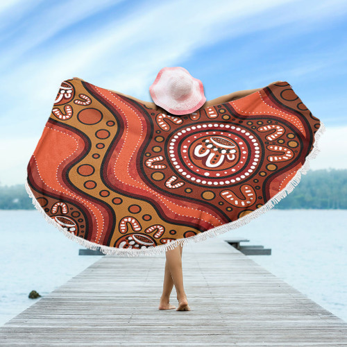 Australia Beach Blanket Painting Illustration With Dot Art In Aboriginal Brown Style