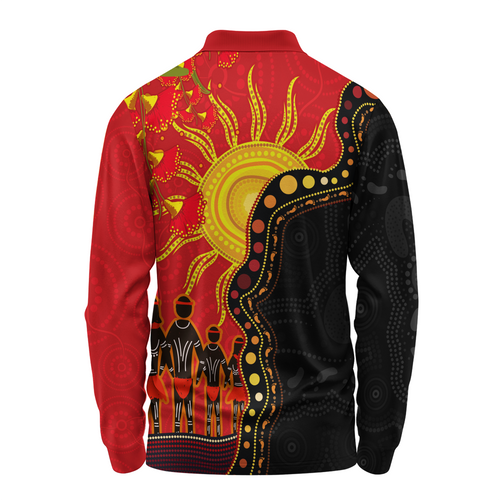 Australia Long Sleeve Polo Shirt Indigenous Dot Painting Inspired By The Aboriginal Flag Australia Long Sleeve Polo Shirt Indigenous Dot Painting Inspired By The Aboriginal Flag