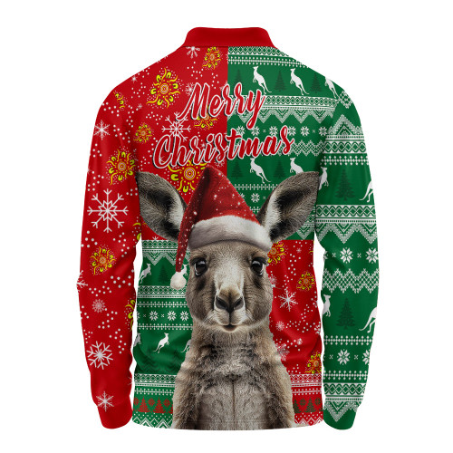 Australia Long Sleeve Polo Shirt Aboriginal Dot With Kangaroo Santa Hat Designs Australia Long Sleeve Polo Shirt Aboriginal Dot With Kangaroo Santa Hat Designs